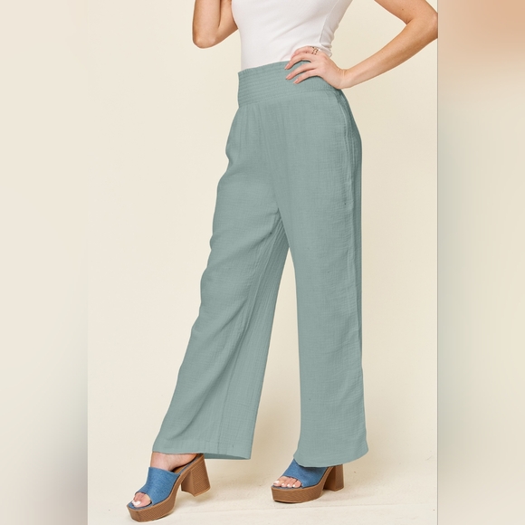 Double Take Full Size Texture Smocked Waist Wide Leg Pants - Picture 3 of 6